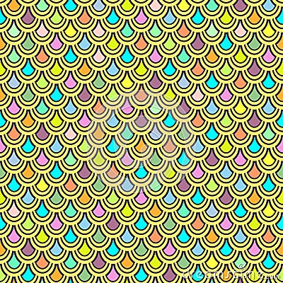 Multicolor fish scales seamless pattern, graphic ornament, animalistic ornament, rainbow illustration, vector background. Colorful Vector Illustration